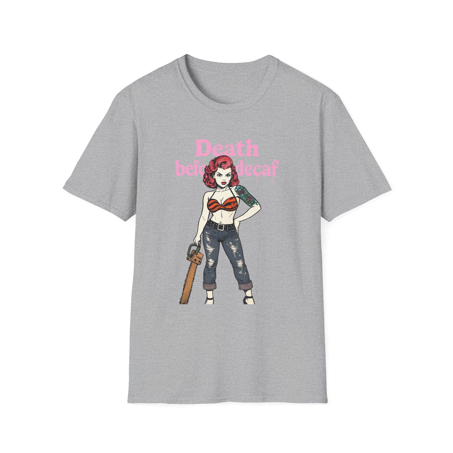 Edgy Coffee Lover T-Shirt, Fun Graphic Tee, Unisex Apparel, Death Before Decaf Shirt, Alternative Fashion, Gift for Caffeine Addicts