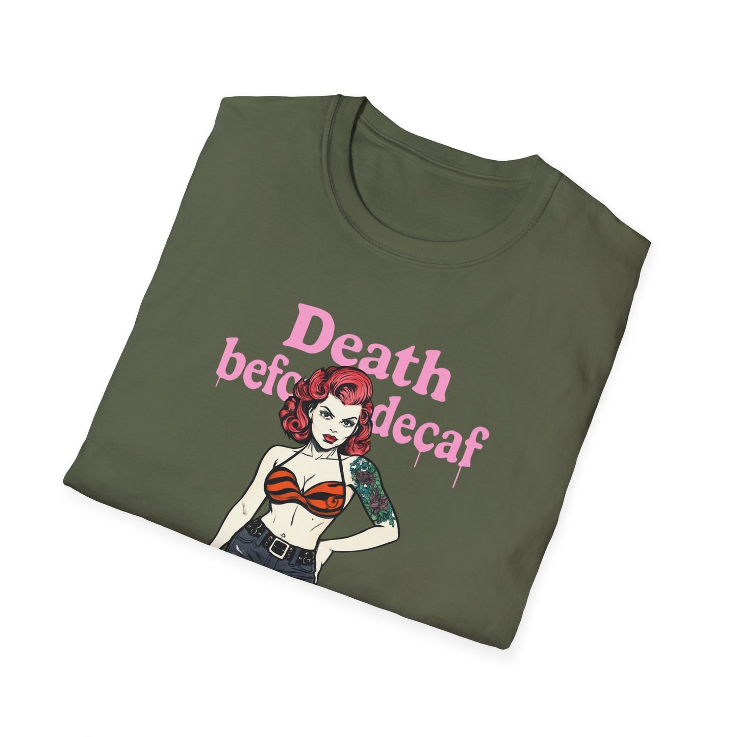 Edgy Coffee Lover T-Shirt, Fun Graphic Tee, Unisex Apparel, Death Before Decaf Shirt, Alternative Fashion, Gift for Caffeine Addicts