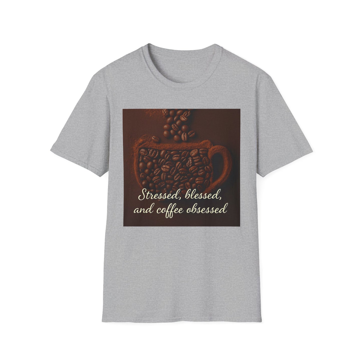 Stressed, Blessed, and Coffee Obsessed T-Shirt | Unisex Softstyle Tee, Coffee Lover Gift, Casual Wear, Weekend Vibes, Spiritual Shirt