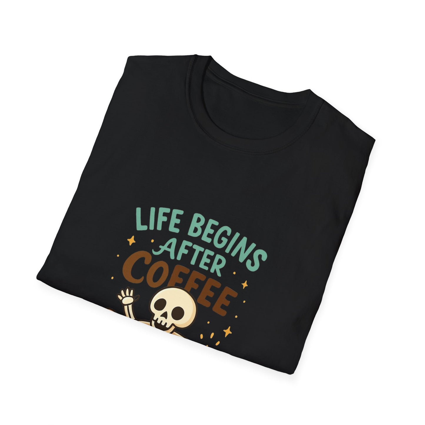 Life Begins After Coffee Unisex T-Shirt, Funny Coffee Tee, Skull Coffee Shirt, Gift for Coffee Lovers, Quirky Everyday Wear