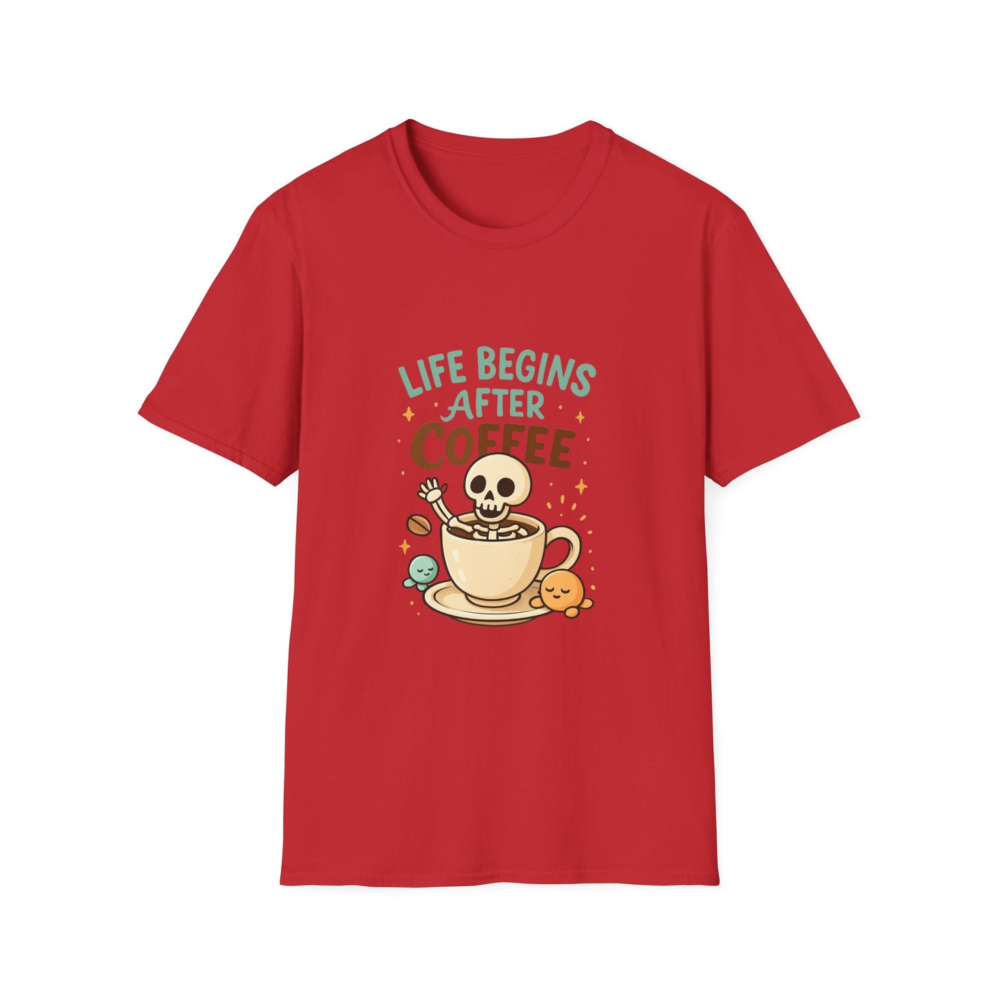 Life Begins After Coffee Unisex T-Shirt, Funny Coffee Tee, Skull Coffee Shirt, Gift for Coffee Lovers, Quirky Everyday Wear