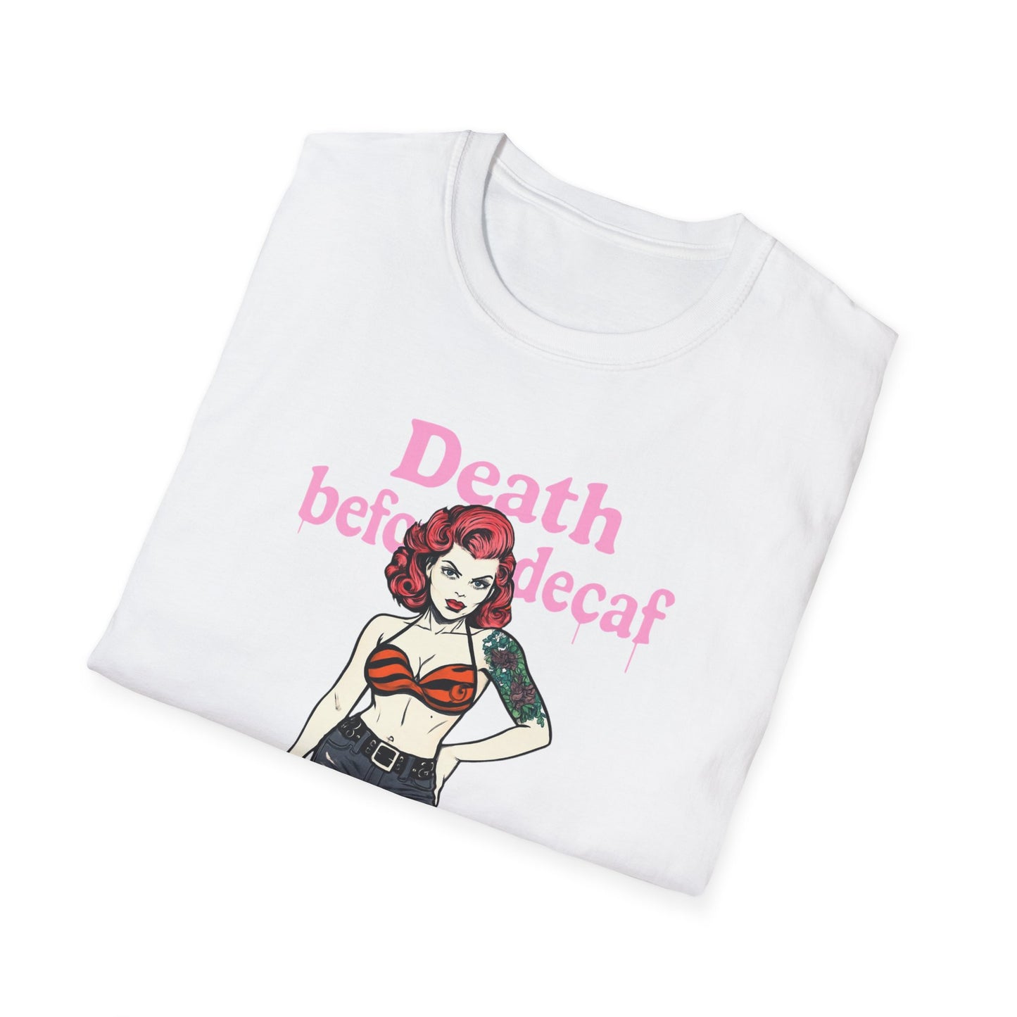 Edgy Coffee Lover T-Shirt, Fun Graphic Tee, Unisex Apparel, Death Before Decaf Shirt, Alternative Fashion, Gift for Caffeine Addicts