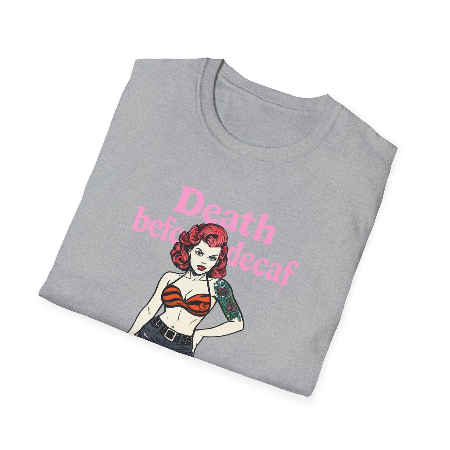 Edgy Coffee Lover T-Shirt, Fun Graphic Tee, Unisex Apparel, Death Before Decaf Shirt, Alternative Fashion, Gift for Caffeine Addicts