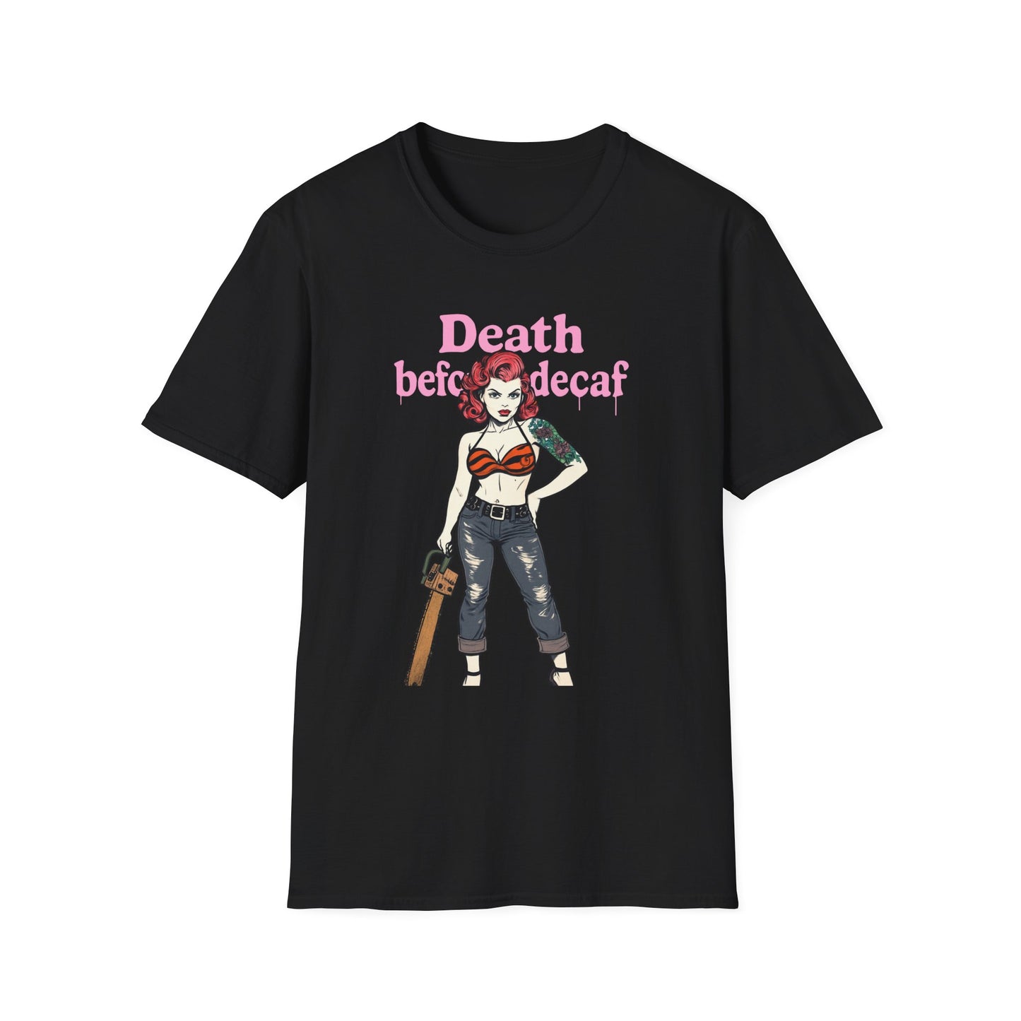 Edgy Coffee Lover T-Shirt, Fun Graphic Tee, Unisex Apparel, Death Before Decaf Shirt, Alternative Fashion, Gift for Caffeine Addicts