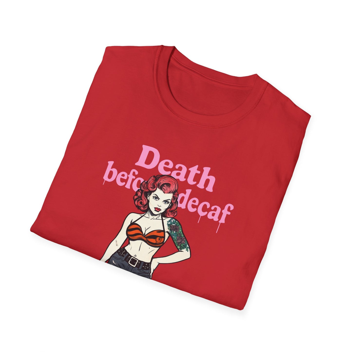 Edgy Coffee Lover T-Shirt, Fun Graphic Tee, Unisex Apparel, Death Before Decaf Shirt, Alternative Fashion, Gift for Caffeine Addicts