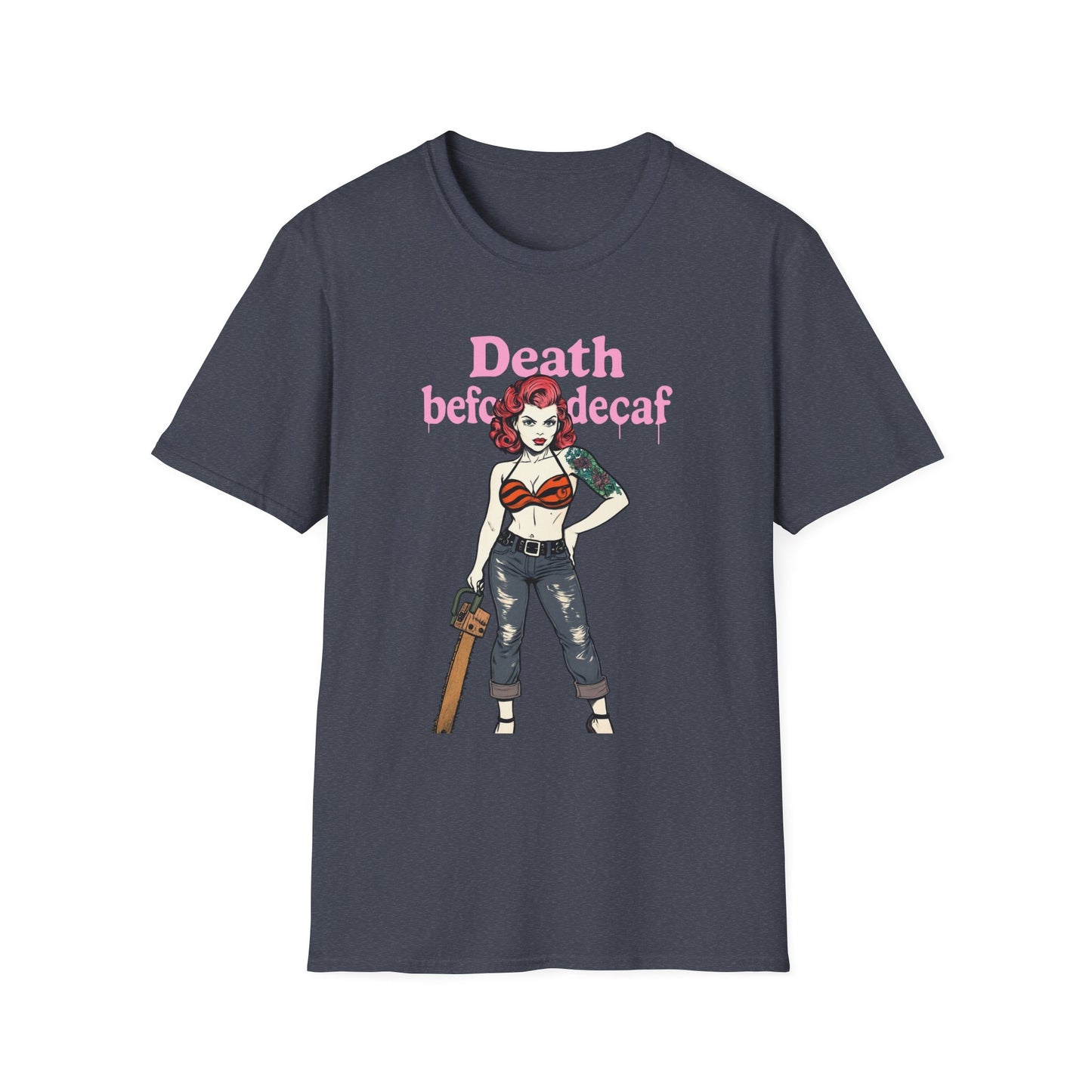 Edgy Coffee Lover T-Shirt, Fun Graphic Tee, Unisex Apparel, Death Before Decaf Shirt, Alternative Fashion, Gift for Caffeine Addicts