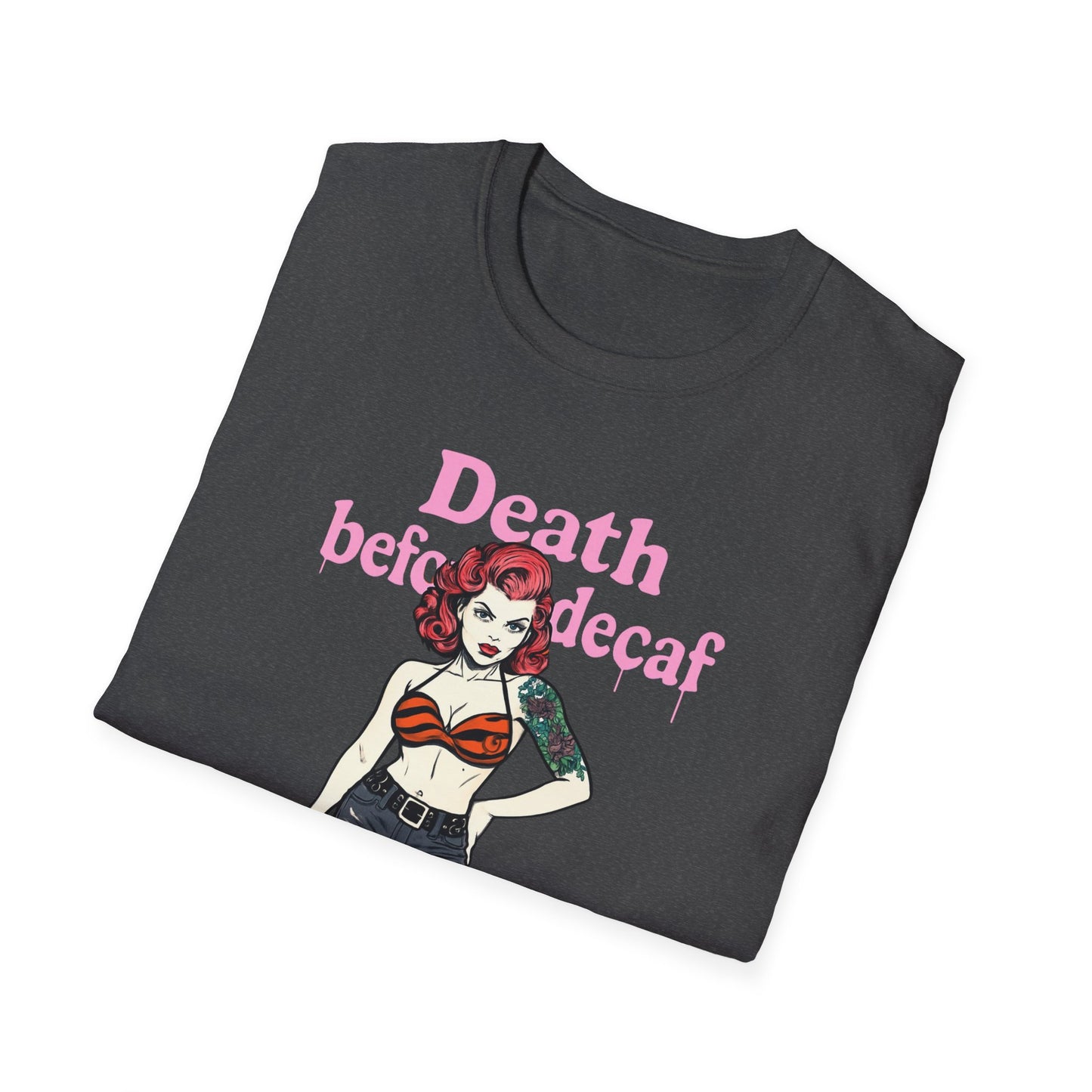 Edgy Coffee Lover T-Shirt, Fun Graphic Tee, Unisex Apparel, Death Before Decaf Shirt, Alternative Fashion, Gift for Caffeine Addicts