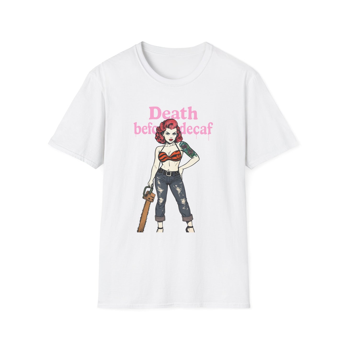 Edgy Coffee Lover T-Shirt, Fun Graphic Tee, Unisex Apparel, Death Before Decaf Shirt, Alternative Fashion, Gift for Caffeine Addicts