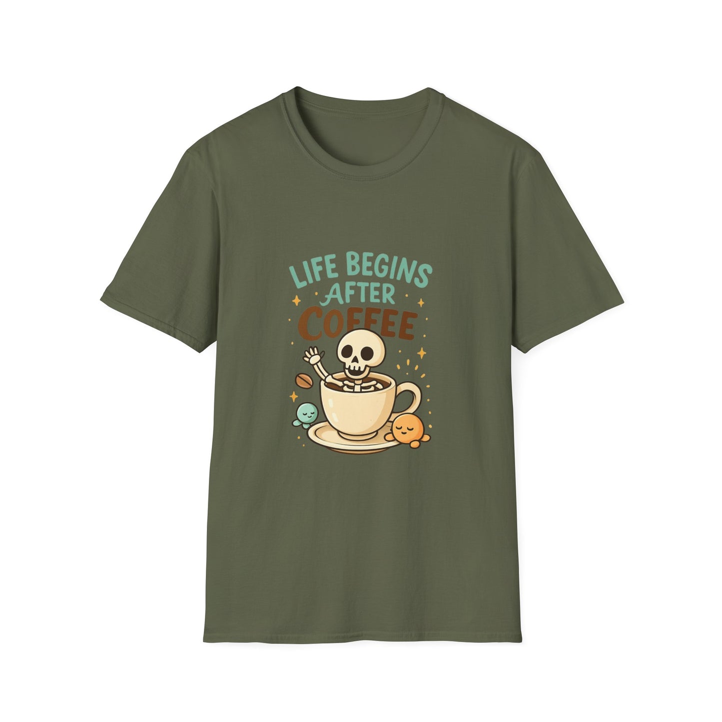 Life Begins After Coffee Unisex T-Shirt, Funny Coffee Tee, Skull Coffee Shirt, Gift for Coffee Lovers, Quirky Everyday Wear