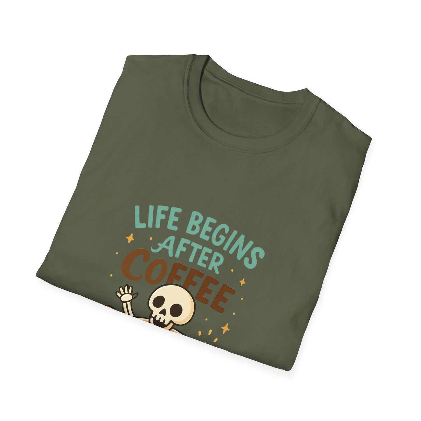 Life Begins After Coffee Unisex T-Shirt, Funny Coffee Tee, Skull Coffee Shirt, Gift for Coffee Lovers, Quirky Everyday Wear