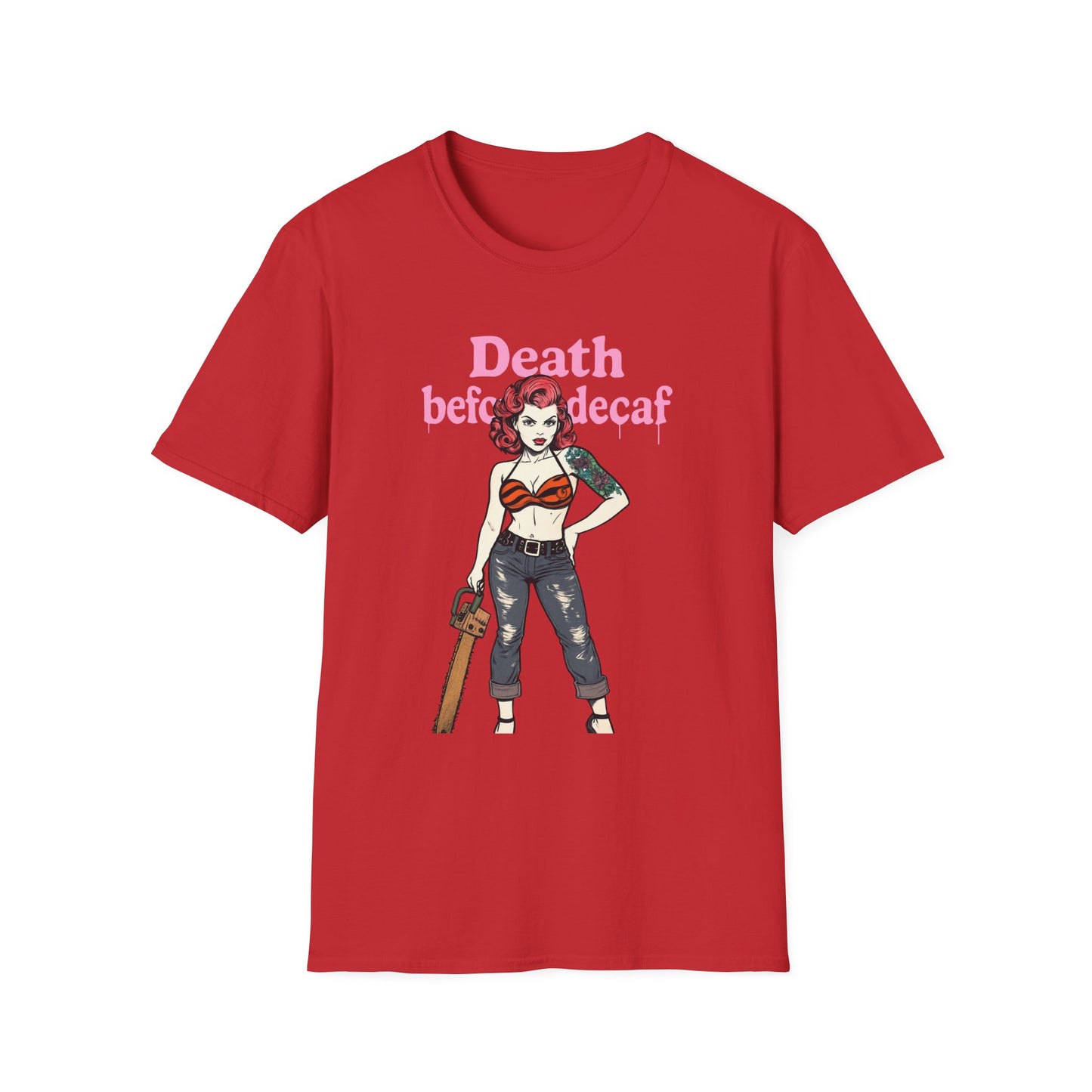 Edgy Coffee Lover T-Shirt, Fun Graphic Tee, Unisex Apparel, Death Before Decaf Shirt, Alternative Fashion, Gift for Caffeine Addicts