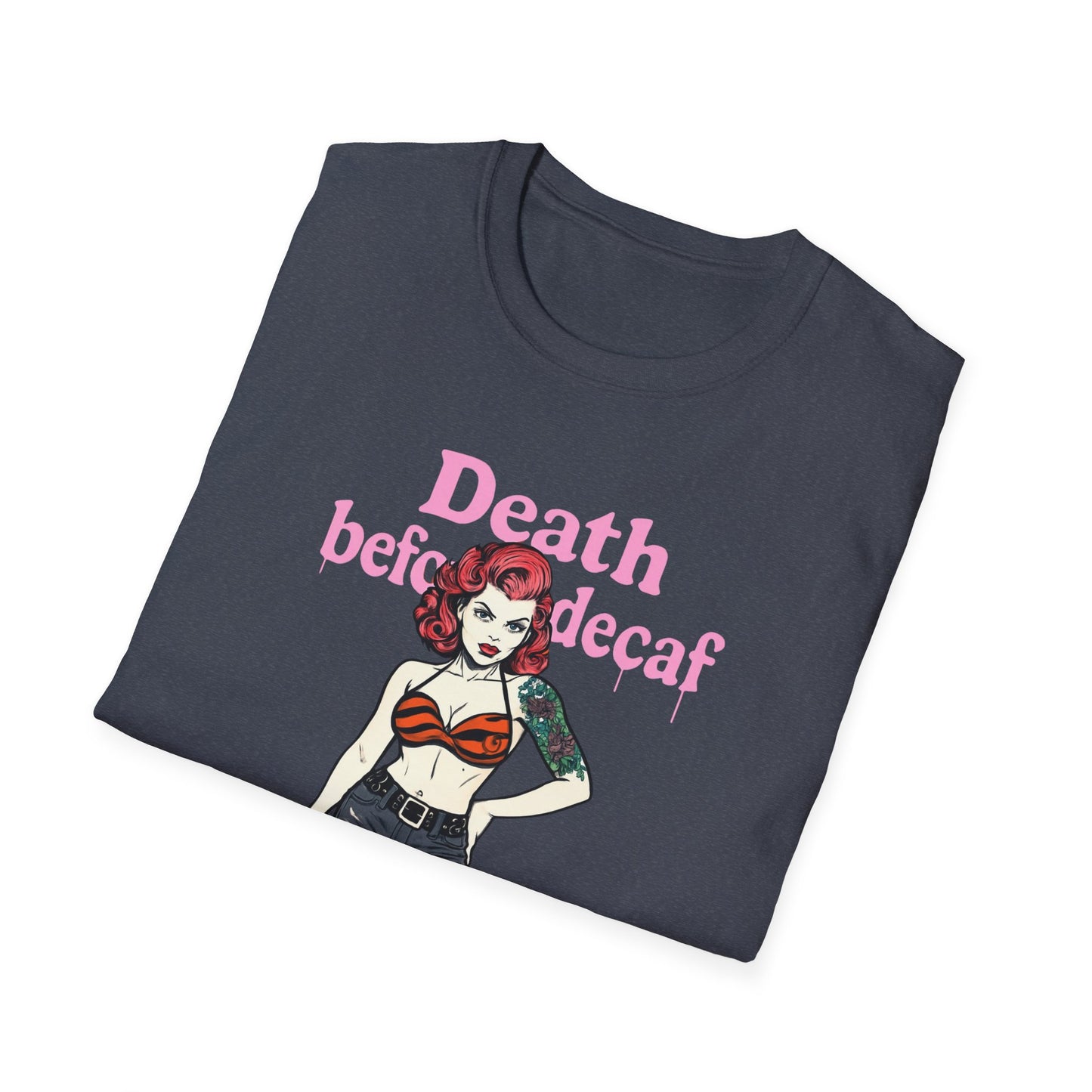 Edgy Coffee Lover T-Shirt, Fun Graphic Tee, Unisex Apparel, Death Before Decaf Shirt, Alternative Fashion, Gift for Caffeine Addicts