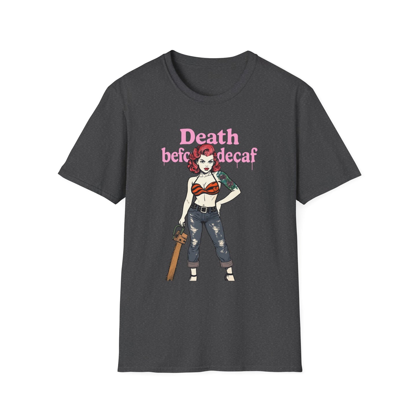 Edgy Coffee Lover T-Shirt, Fun Graphic Tee, Unisex Apparel, Death Before Decaf Shirt, Alternative Fashion, Gift for Caffeine Addicts