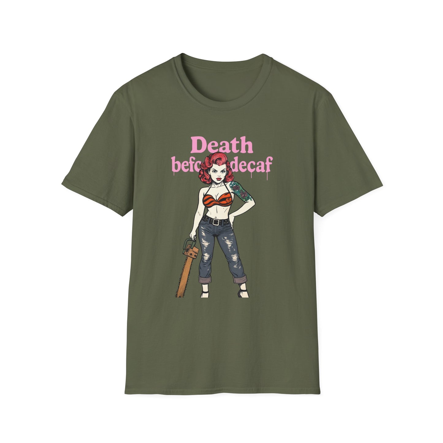 Edgy Coffee Lover T-Shirt, Fun Graphic Tee, Unisex Apparel, Death Before Decaf Shirt, Alternative Fashion, Gift for Caffeine Addicts
