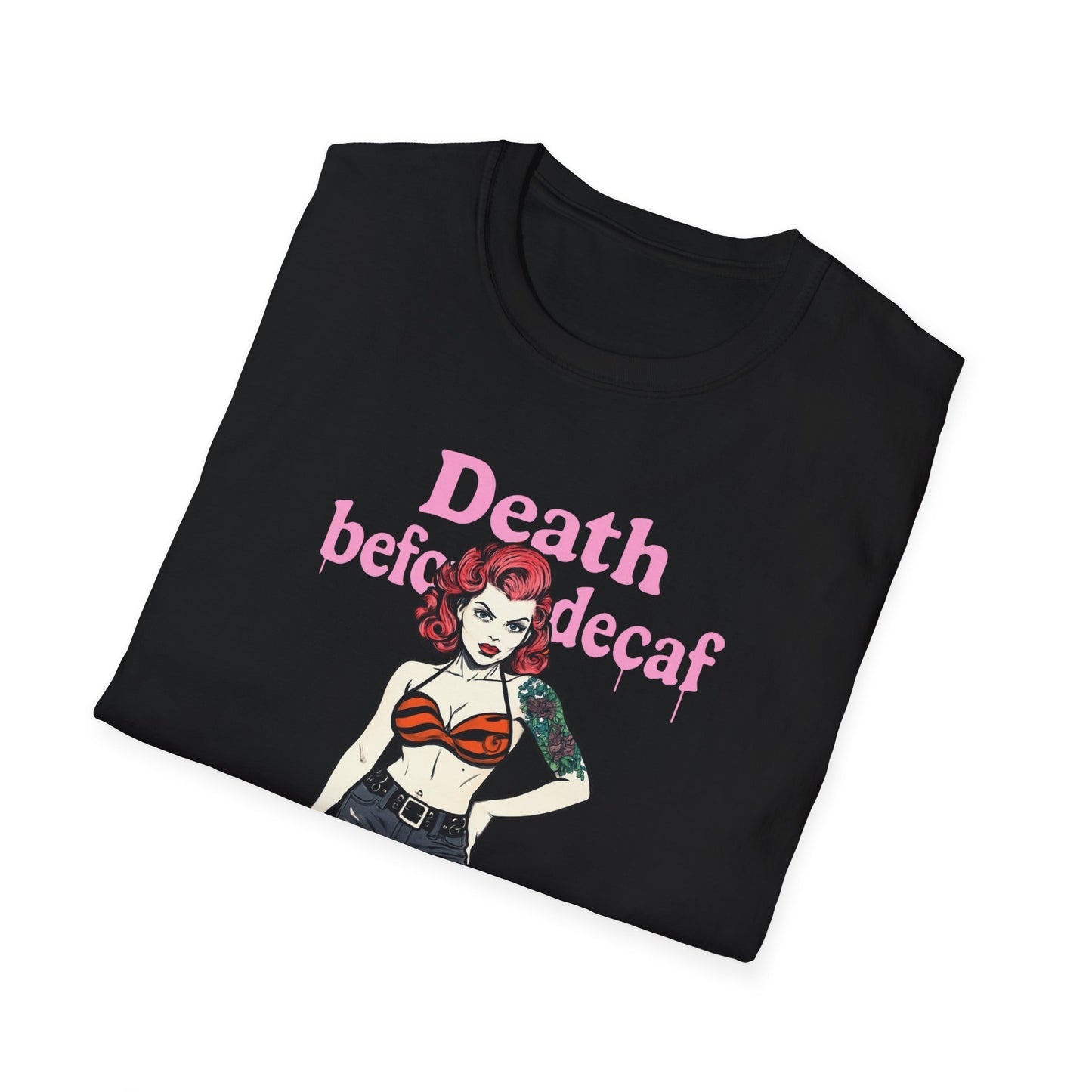 Edgy Coffee Lover T-Shirt, Fun Graphic Tee, Unisex Apparel, Death Before Decaf Shirt, Alternative Fashion, Gift for Caffeine Addicts
