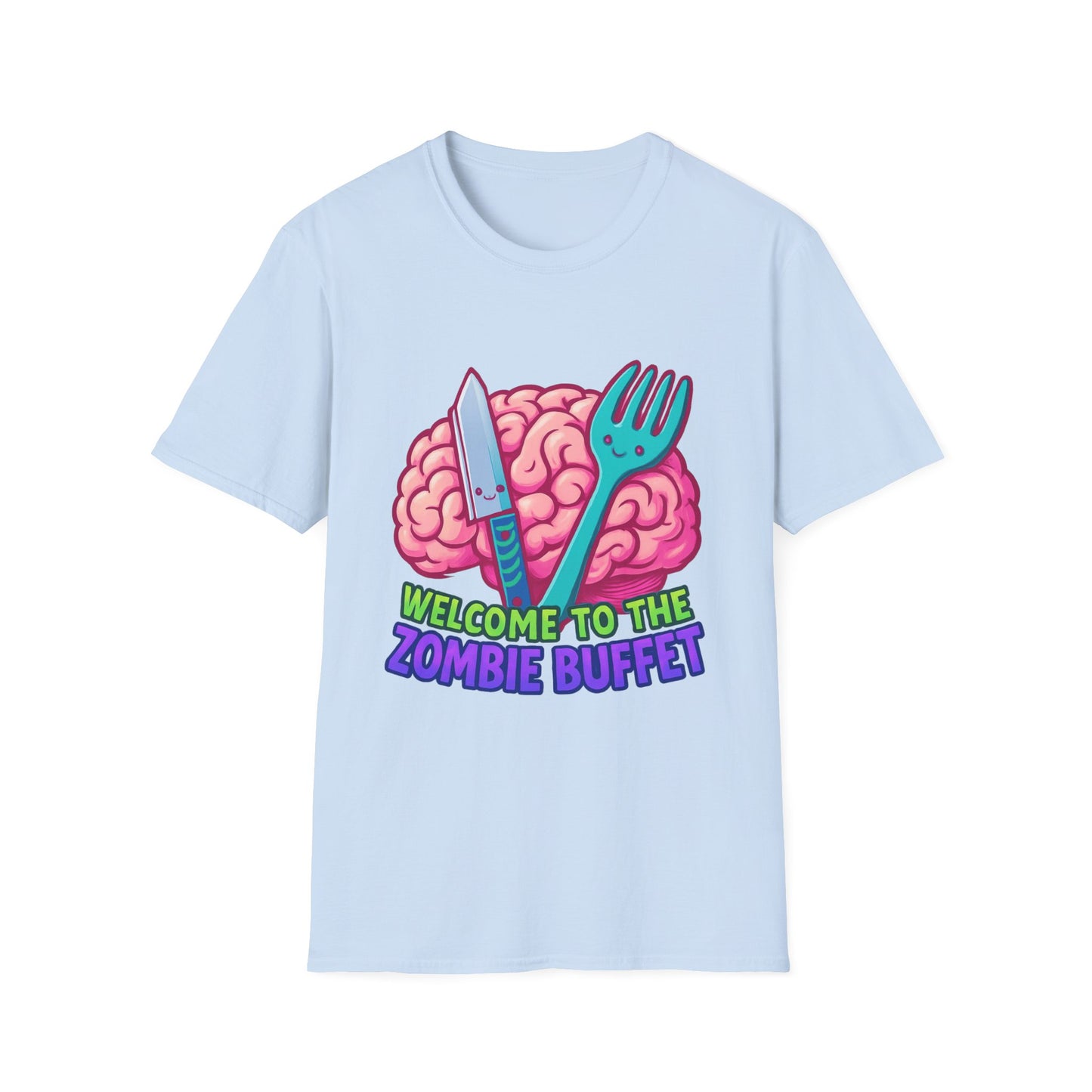Zombie Buffet Unisex Softstyle T-Shirt, Gaming Tee, Funny Graphic Shirt, Halloween Apparel, Horror Themed Gift, Casual Wear