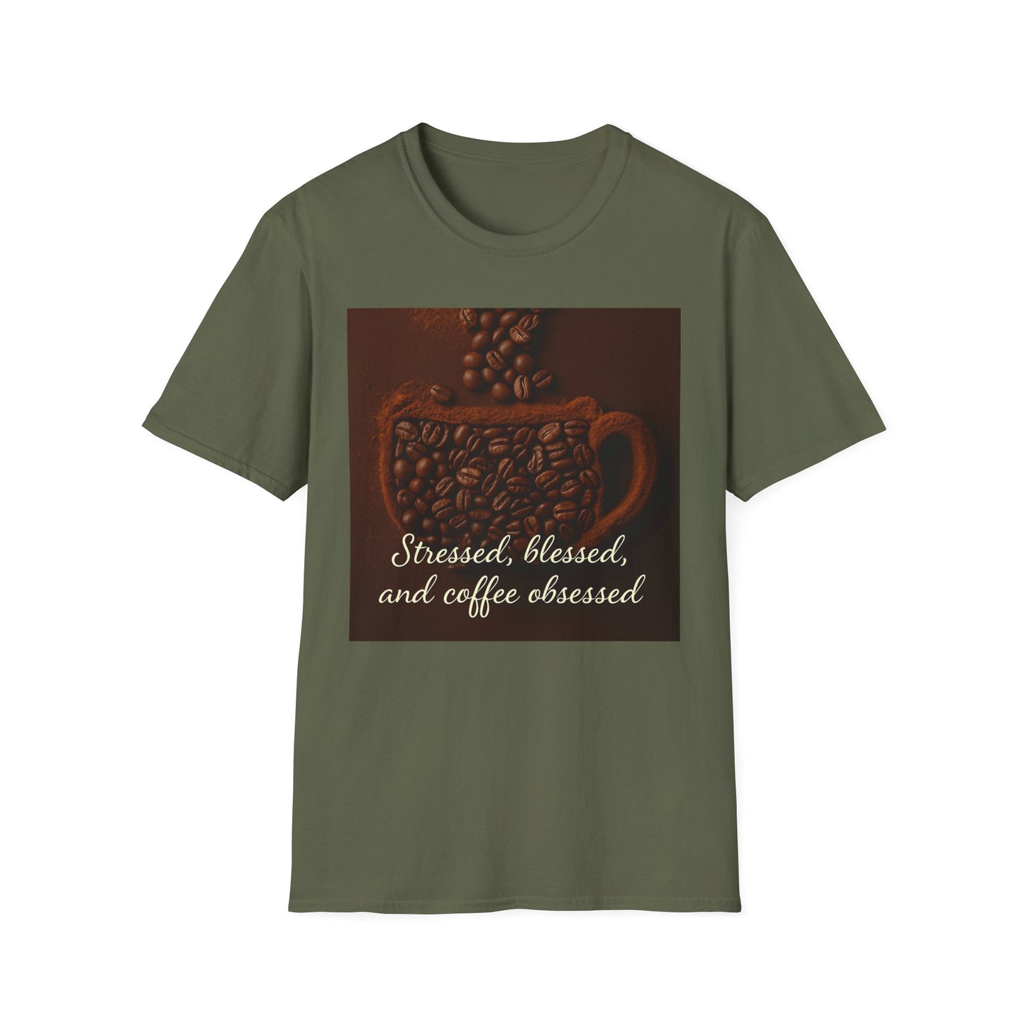 Stressed, Blessed, and Coffee Obsessed T-Shirt | Unisex Softstyle Tee, Coffee Lover Gift, Casual Wear, Weekend Vibes, Spiritual Shirt