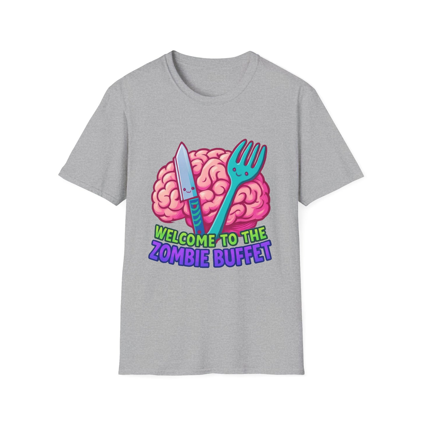 Zombie Buffet Unisex Softstyle T-Shirt, Gaming Tee, Funny Graphic Shirt, Halloween Apparel, Horror Themed Gift, Casual Wear