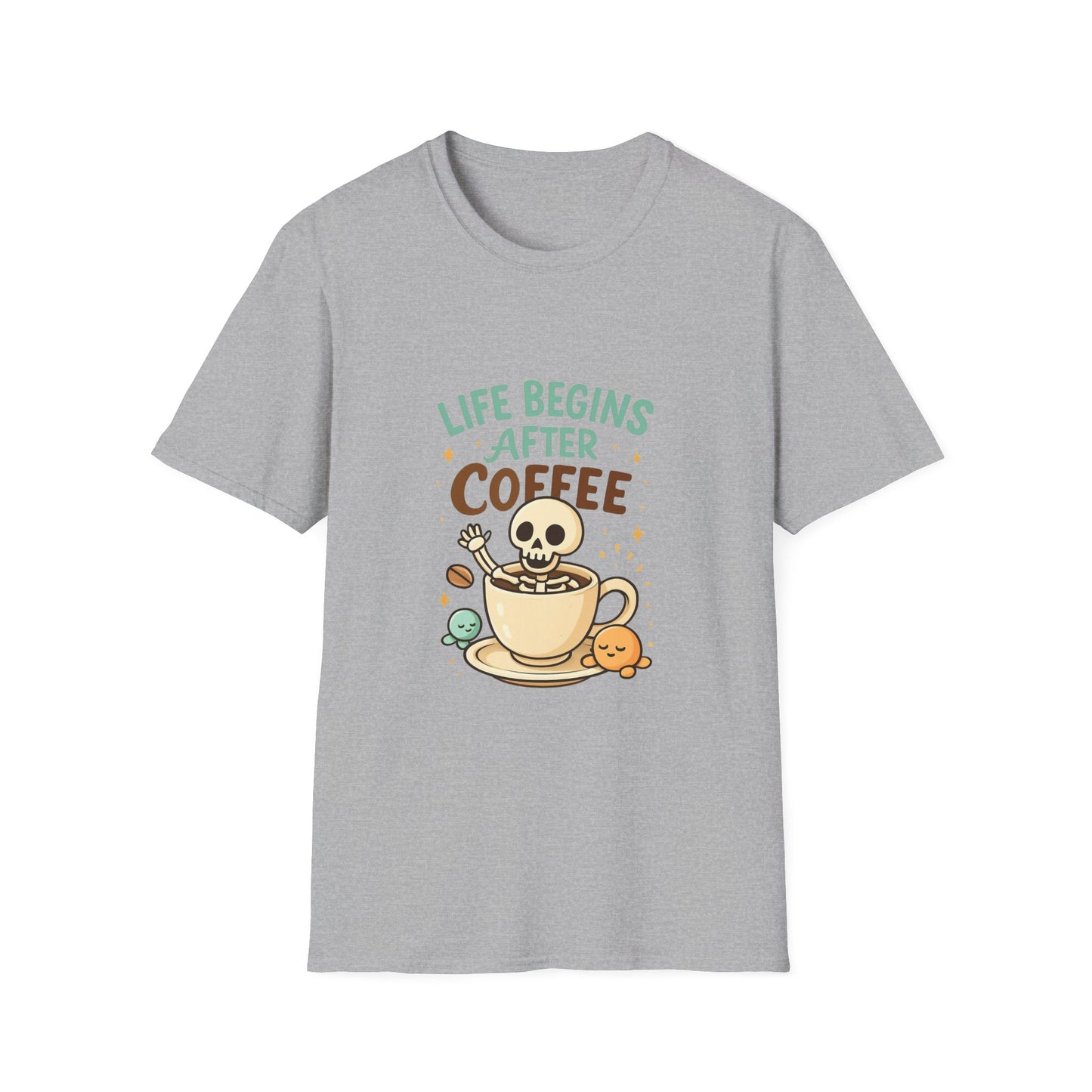 Life Begins After Coffee Unisex T-Shirt, Funny Coffee Tee, Skull Coffee Shirt, Gift for Coffee Lovers, Quirky Everyday Wear