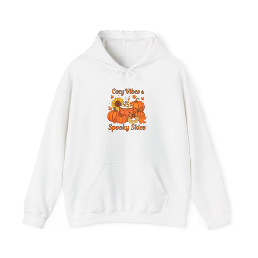 Cozy Fall Vibes Hoodie with Pumpkin Design, Unisex Hooded Sweatshirt for Autumn, Halloween, Thanksgiving, Fall Fashion, Seasonal Comfort