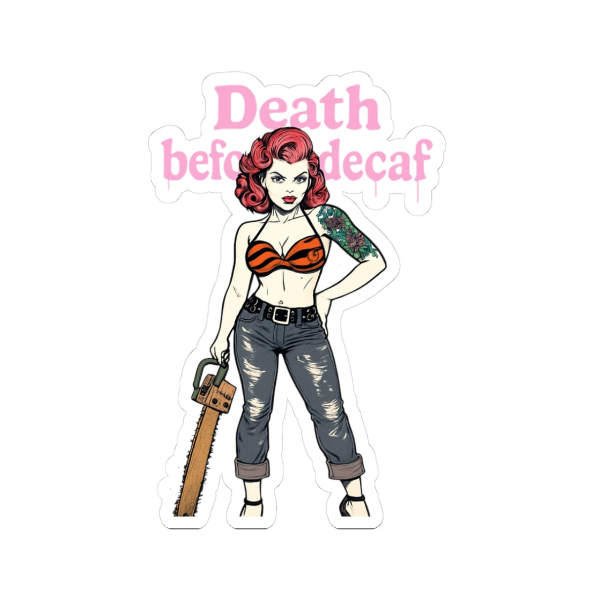 Rebellious Woman Kiss-Cut Stickers | Retro Punk Aesthetic Decor | Gift for Coffee Lovers | Unique Laptop Stickers | Death Before Decaf