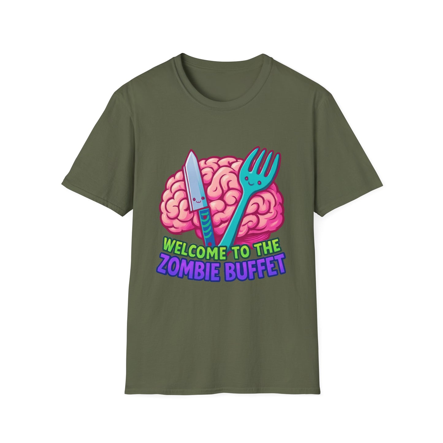 Zombie Buffet Unisex Softstyle T-Shirt, Gaming Tee, Funny Graphic Shirt, Halloween Apparel, Horror Themed Gift, Casual Wear