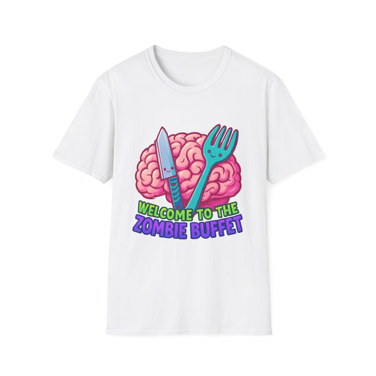 Zombie Buffet Unisex Softstyle T-Shirt, Gaming Tee, Funny Graphic Shirt, Halloween Apparel, Horror Themed Gift, Casual Wear