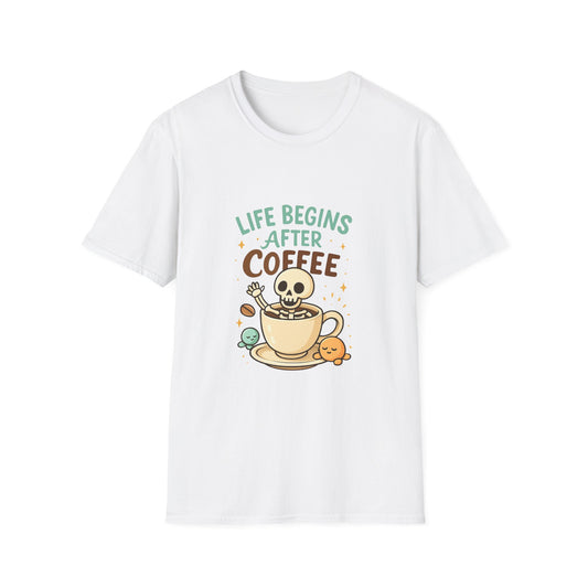 Life Begins After Coffee Unisex T-Shirt, Funny Coffee Tee, Skull Coffee Shirt, Gift for Coffee Lovers, Quirky Everyday Wear