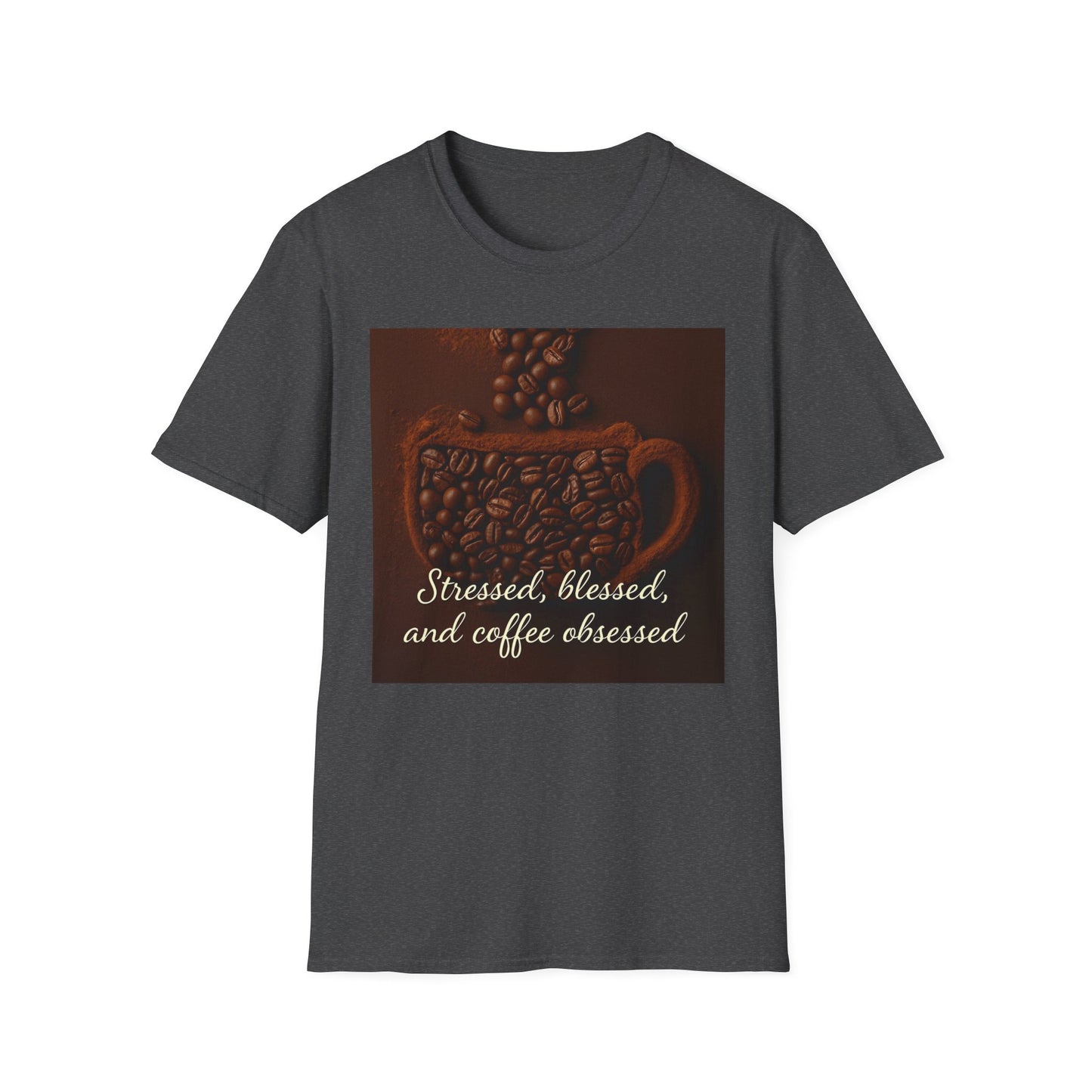 Stressed, Blessed, and Coffee Obsessed T-Shirt | Unisex Softstyle Tee, Coffee Lover Gift, Casual Wear, Weekend Vibes, Spiritual Shirt